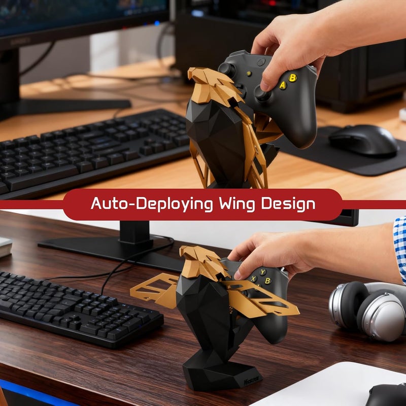 Micscrew Controller Holder for Xbox/PS/Switch – Celebrity Black & Gold Eagle Stand, Auto-Spreading Wings, Dual Placement, Scratch-Free Curved Tail Design - Image 2